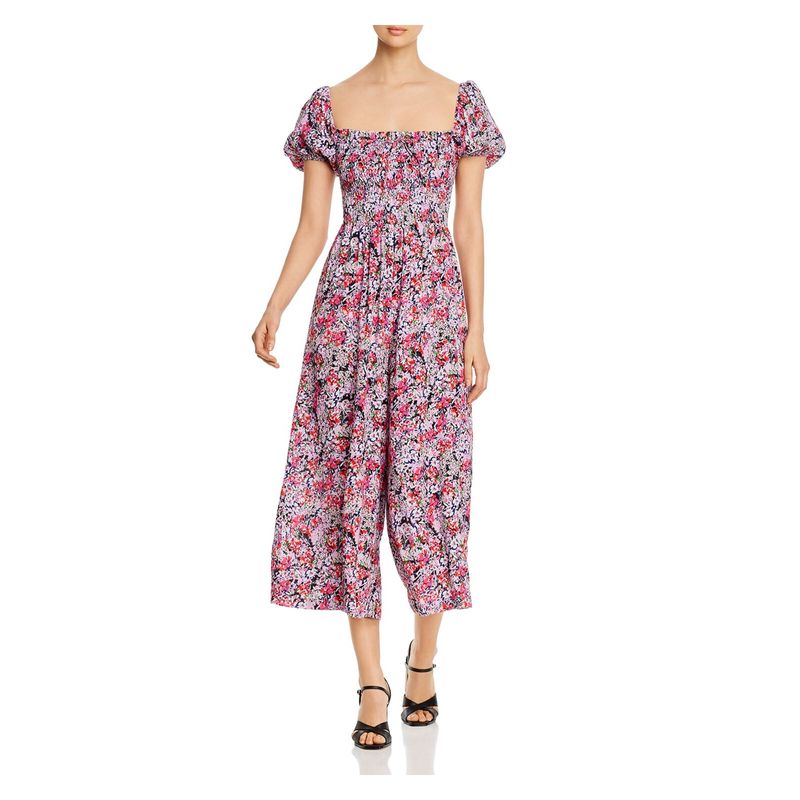 Yumi Kim Womens Stretch Tie Ruffled Pouf Sleeve Square Neck Wide Leg Jumpsuit